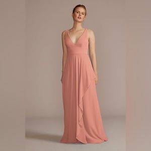 David’s Bridal | Desert Coral chiffon v-neck tank bridesmaid dress with cascade